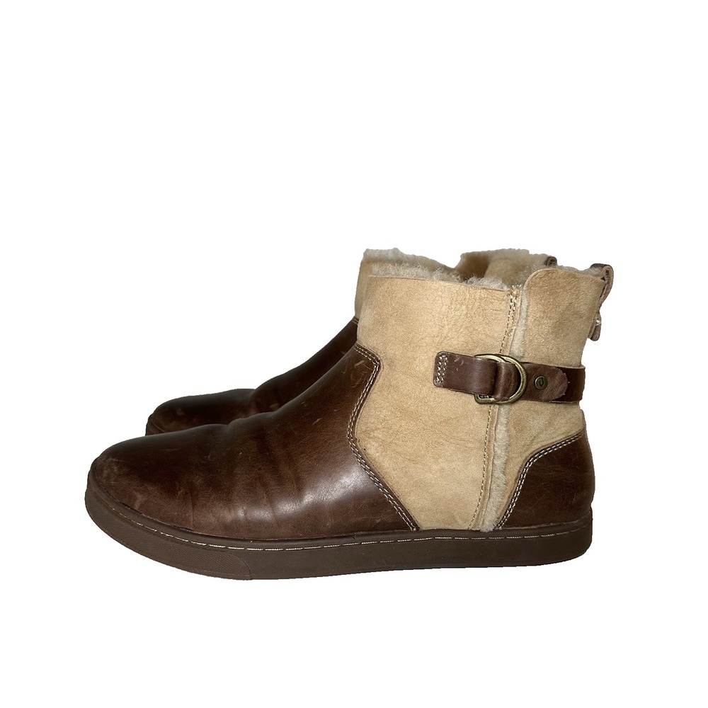 Olukai Women 9 Pehuea Hulu Ankle Boots Golden Sand Brown Leather Shearling Lined